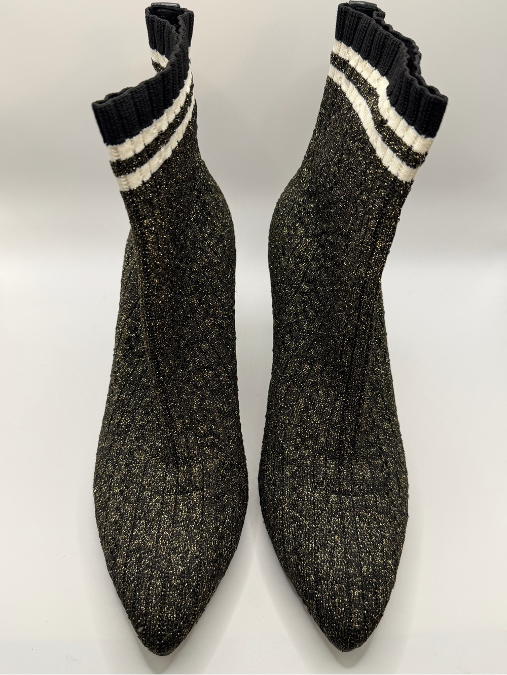 Stuart Weitzman Black Metallic Knit Sock Booties with White Striped Cuff